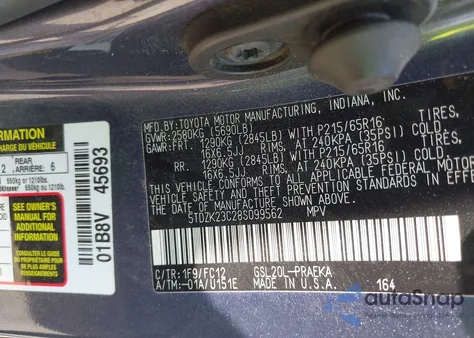 2008 Toyota Sienna Le из США, поврежденный, VIN 5TDZK23C28S099562